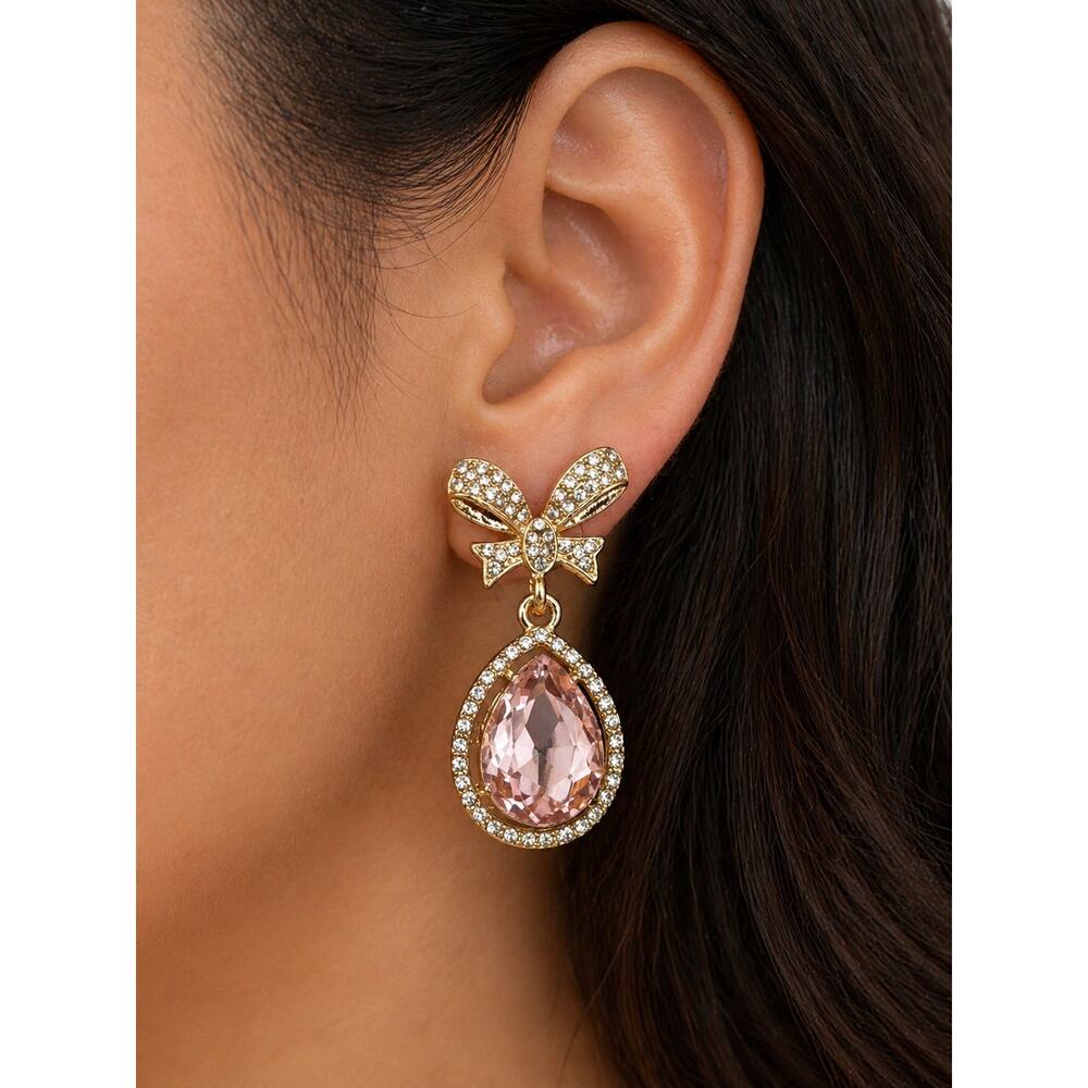 Mint Gold Bow Crystal Pink Drop Earrings Rhinestone Teardrop NWT